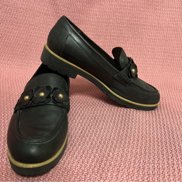 Kate Spade Karisa Black Leather Loafers, black floral/gold accent 7 1/2 - Picture 3 of 10